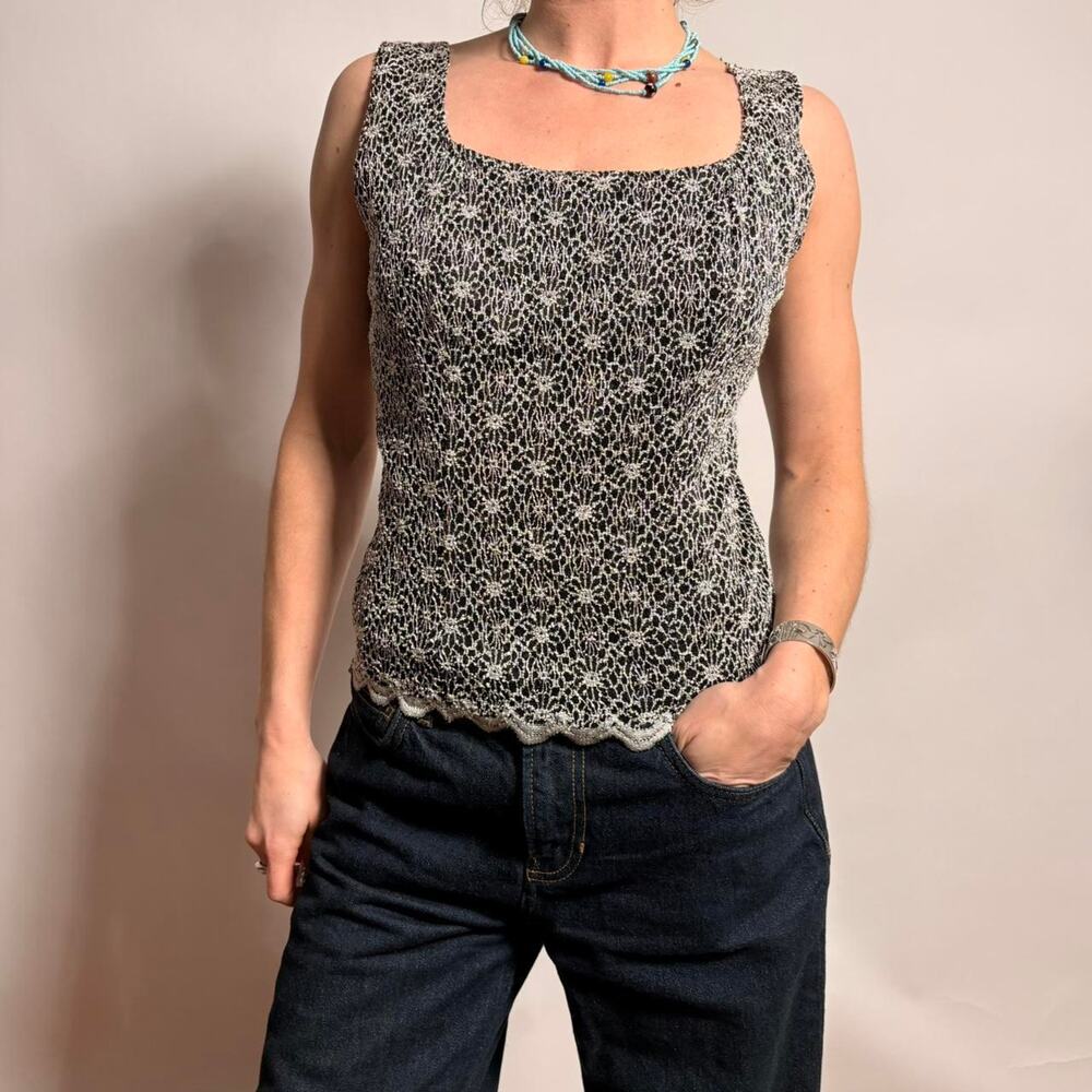 Vintage Black & White Lace Layered Top - Size L